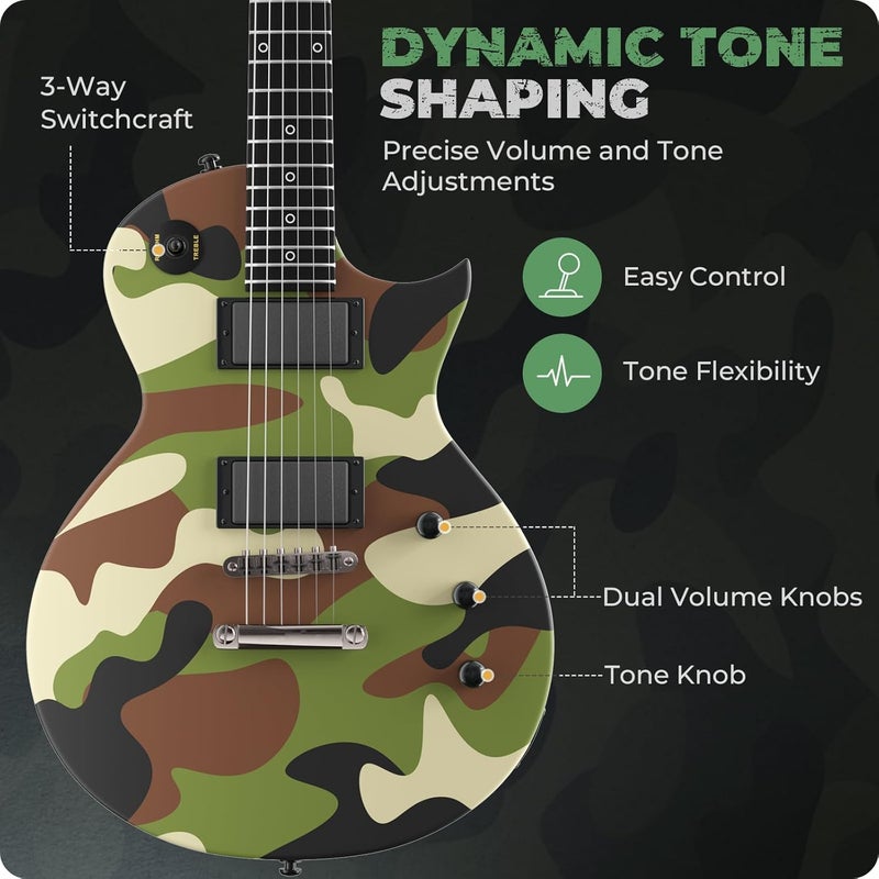 Fesley 39" LP Electric Guitar Kit: Full Size Solid Body Electric Guitars for Beginners with Humbucker Pickups,Poplar Body,Mahogany Neck,22 Frets,6 String Guitar with Gig Bag, FLP400,Matte,Camouflage - Image 5